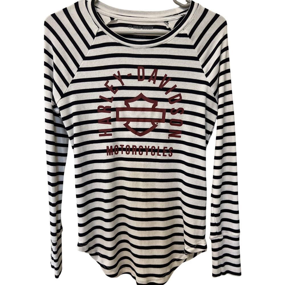 Harley Davidson Black & White Striped Long Sleeve T-Shirt Women's Size Small